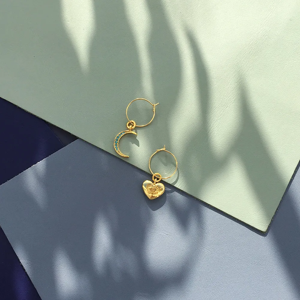 Crystal Moon Earrings: Turquoise Moon & Heart Charm Hoop Earrings