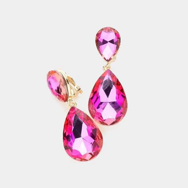 Crystal Pink Double Teardrop Clip-on Evening Earrings