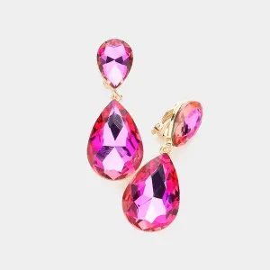 Crystal Pink Double Teardrop Clip-on Evening Earrings