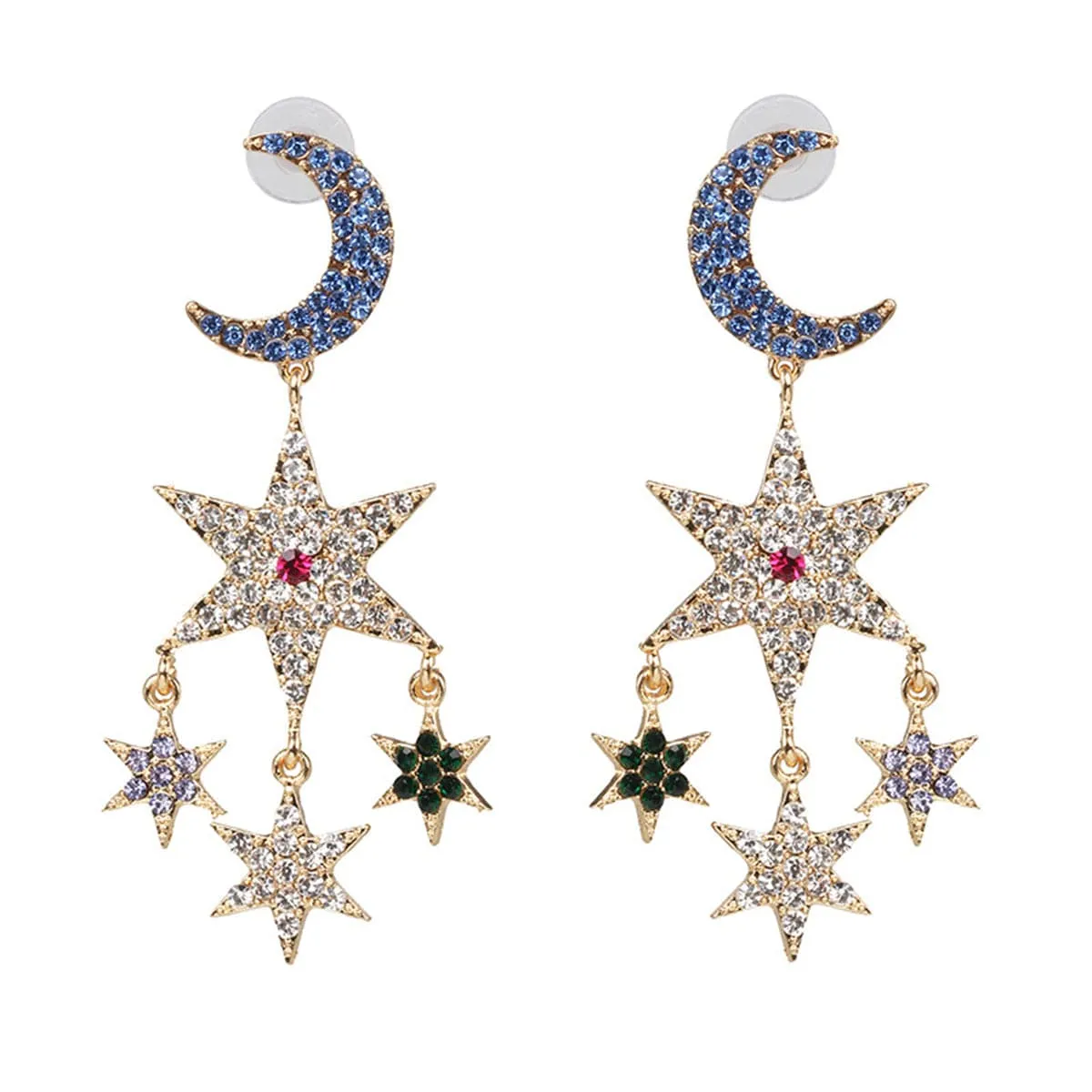 Cubic Zirconia 18K Gold-Plated Moon Star Tassel Drop Earrings