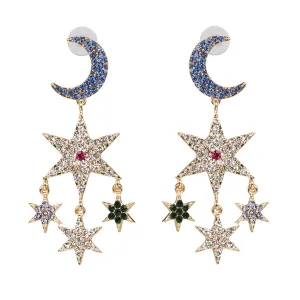 Cubic Zirconia 18K Gold-Plated Moon Star Tassel Drop Earrings