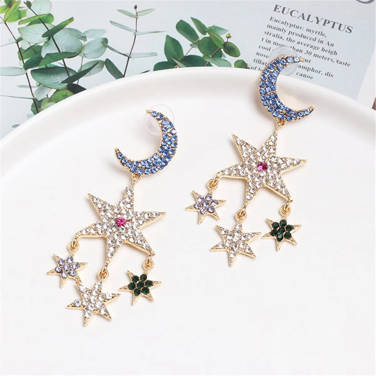 Cubic Zirconia 18K Gold-Plated Moon Star Tassel Drop Earrings