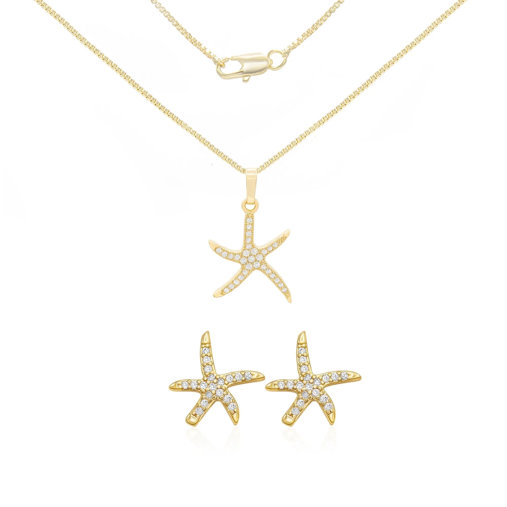 Cubic Zirconia Starfish Pendant 14K Gold Filled Box Necklace Stud Earrings Jewelry Set