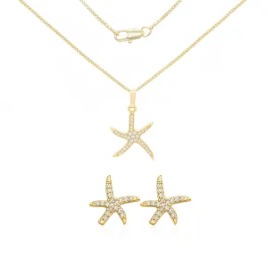 Cubic Zirconia Starfish Pendant 14K Gold Filled Box Necklace Stud Earrings Jewelry Set