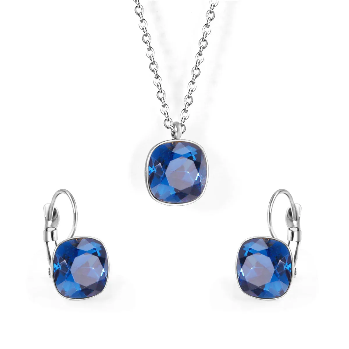 Dark Blue Crystal & Silver-Plated Square Huggie Earring Set