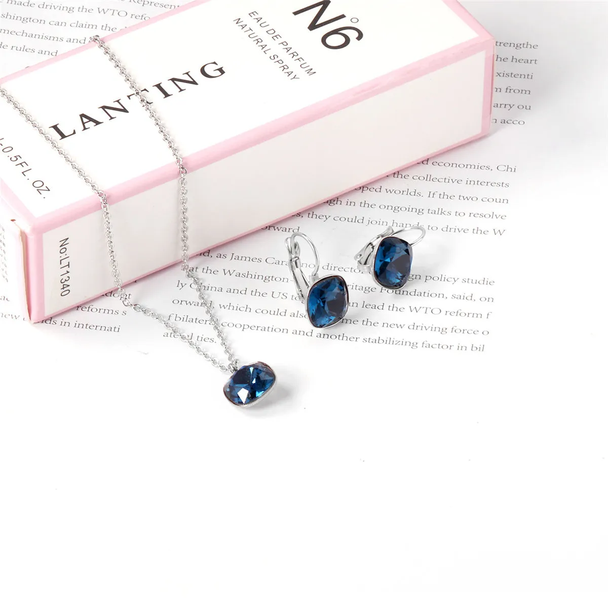 Dark Blue Crystal & Silver-Plated Square Huggie Earring Set
