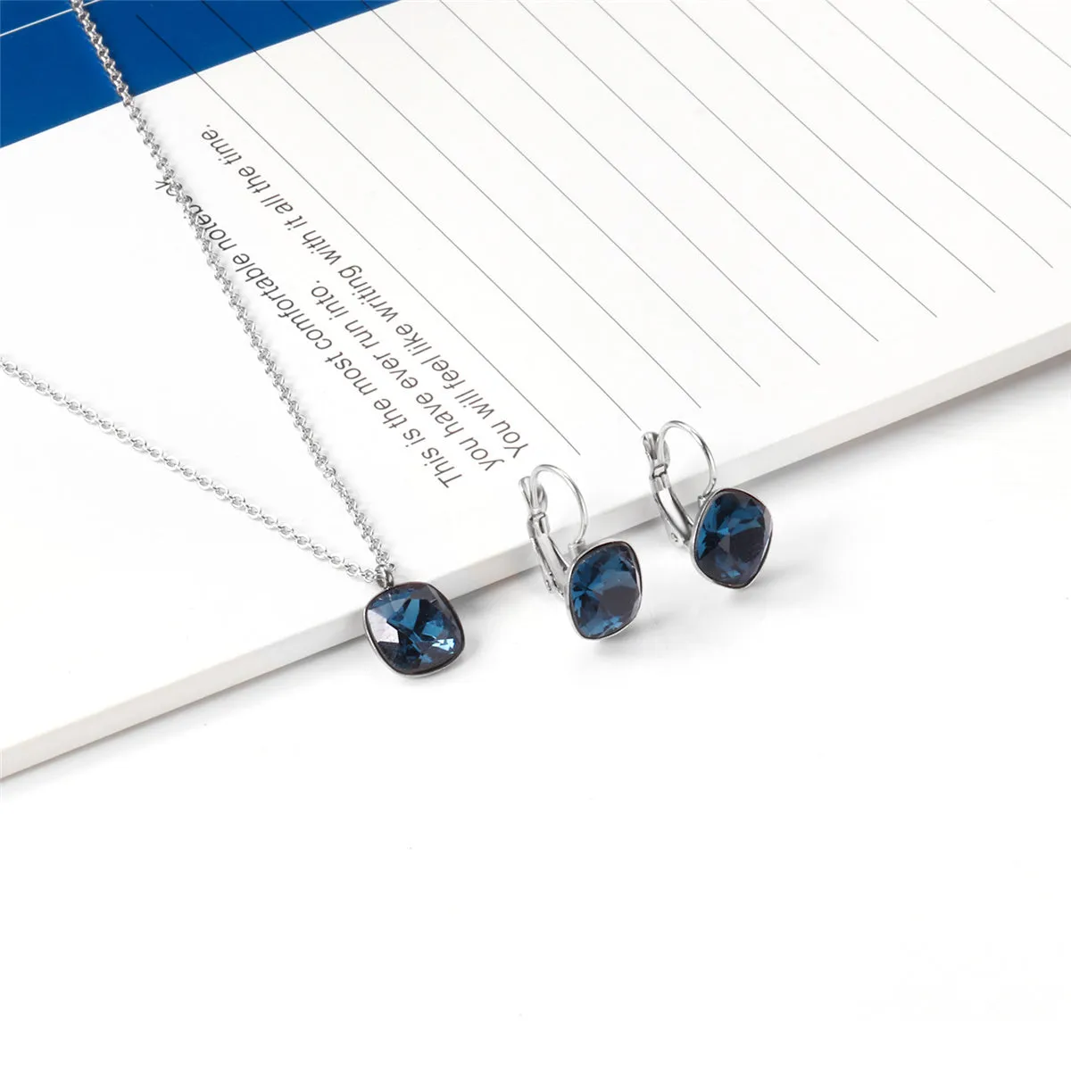 Dark Blue Crystal & Silver-Plated Square Huggie Earring Set