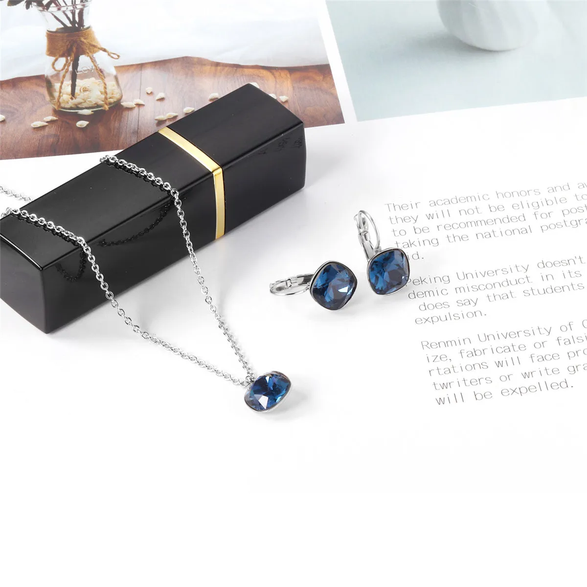 Dark Blue Crystal & Silver-Plated Square Huggie Earring Set