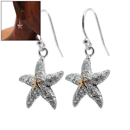 Darling Sterling Silver Hanging Starfish Earrings Embellished with Micro Pave CZs.