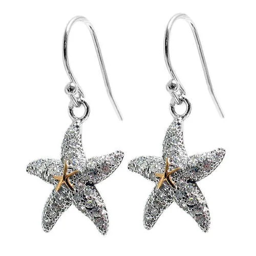 Darling Sterling Silver Hanging Starfish Earrings Embellished with Micro Pave CZs.