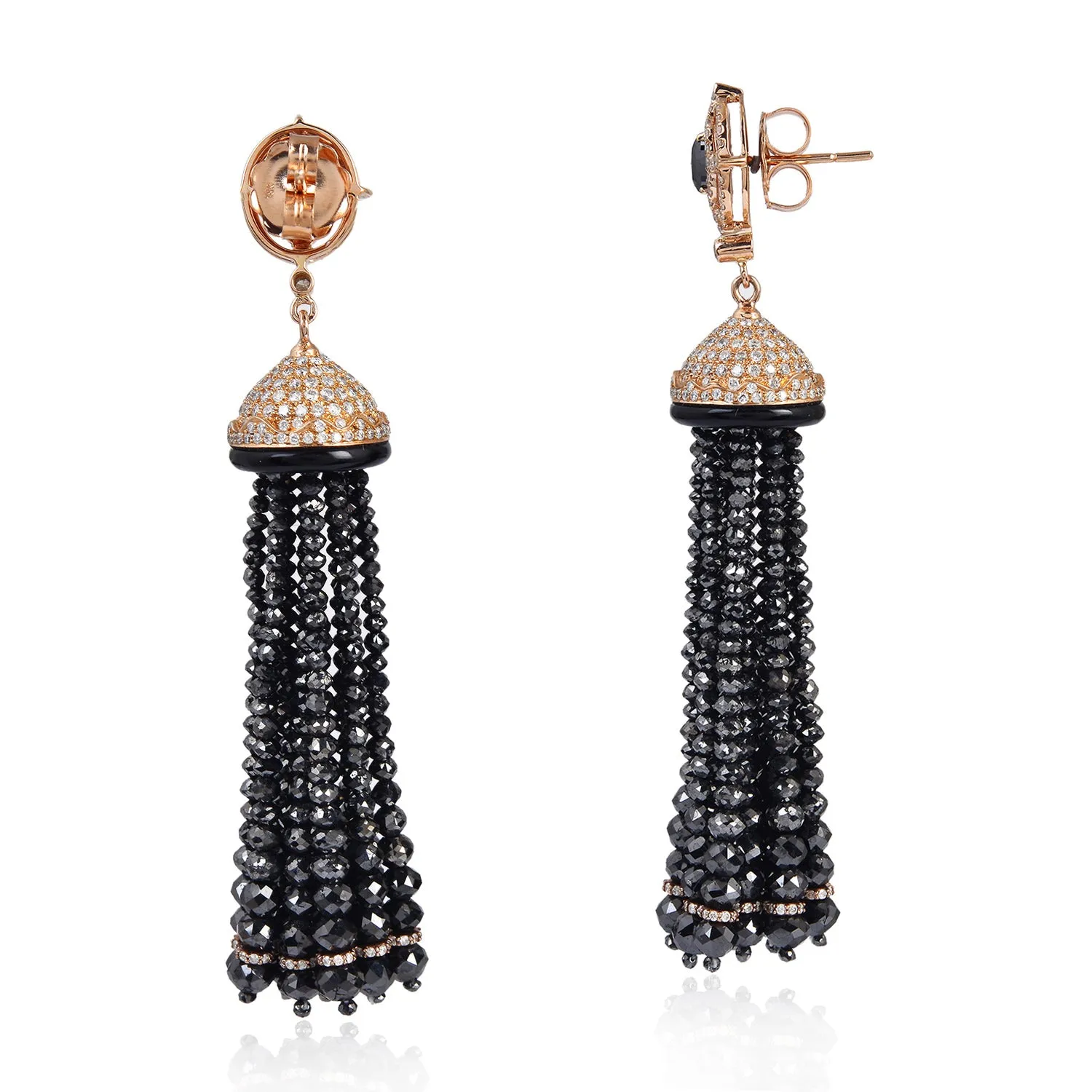 Diamond Beads Tassel Earrings Black Onyx 18Kt Solid Gold Jewelry Gift