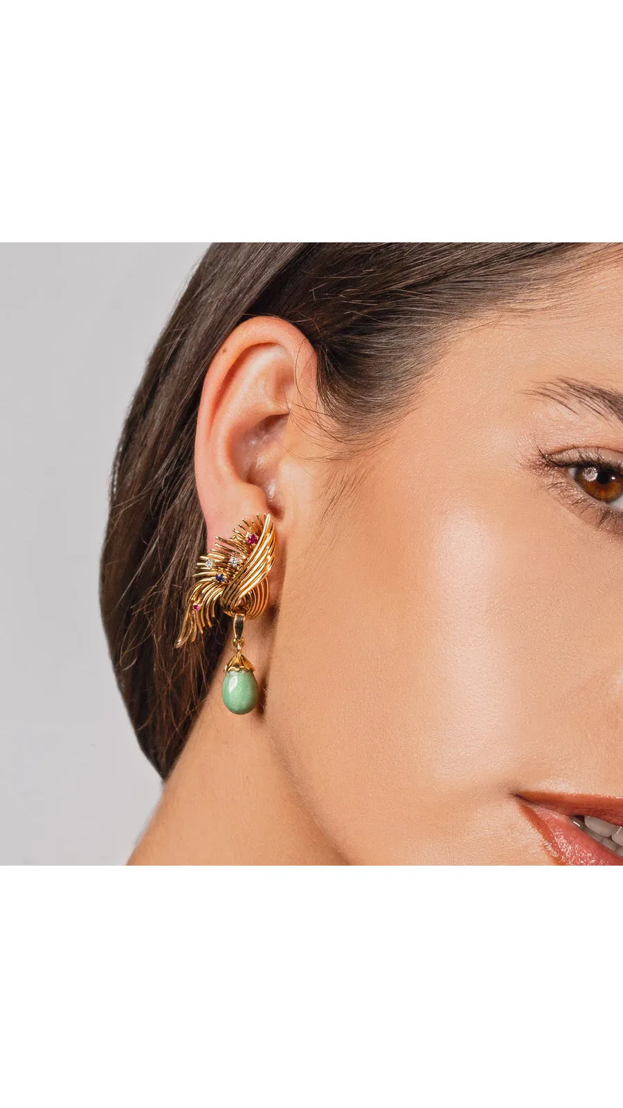 Diamond, Ruby And Sapphire Turquoise Drop Spray Ear Clips