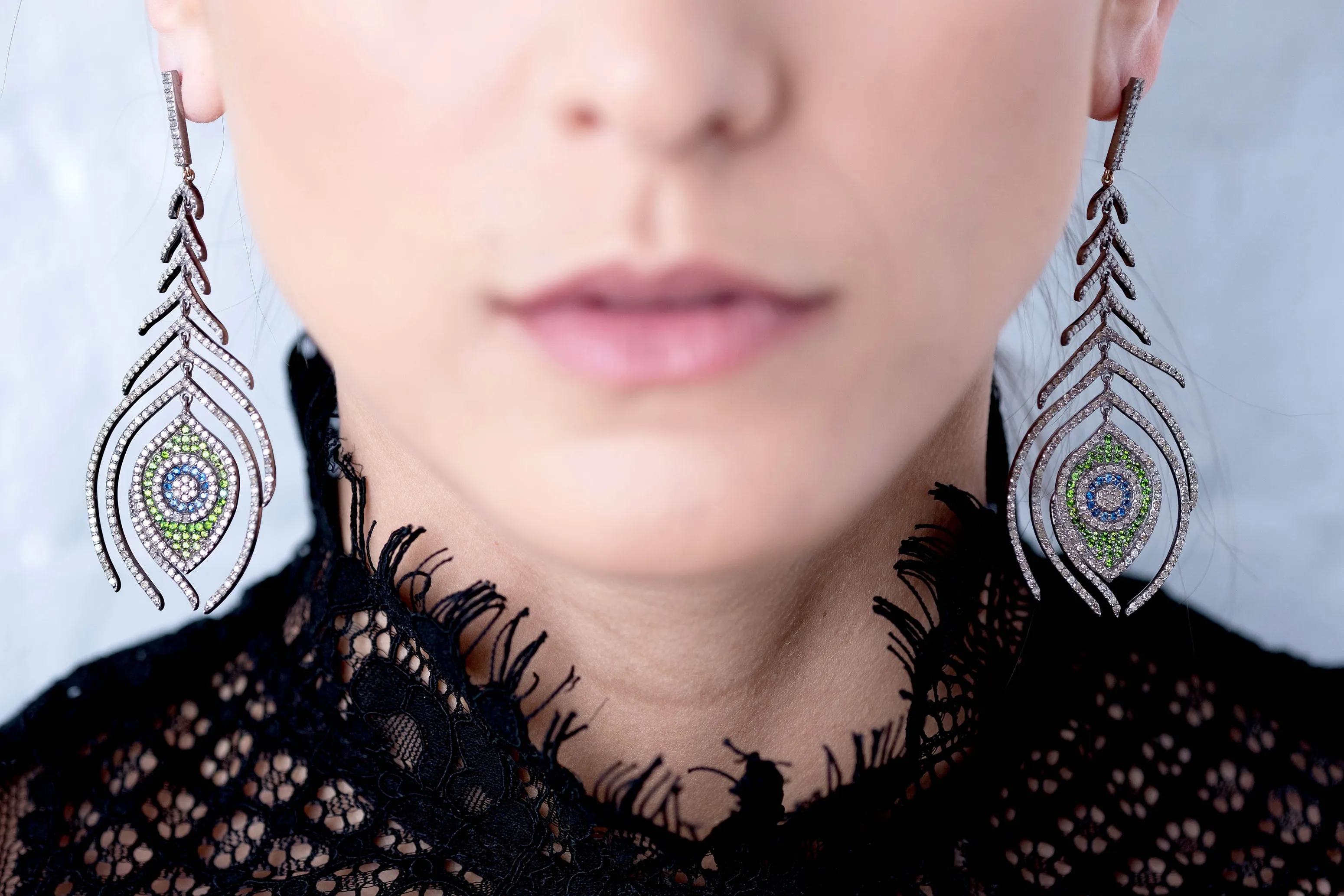 Diamond, Sapphire, and Emerald Peacock Feather Earrings