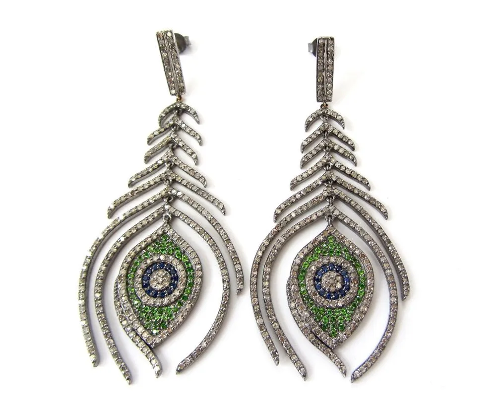 Diamond, Sapphire, and Emerald Peacock Feather Earrings
