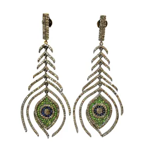 Diamond, Sapphire, and Emerald Peacock Feather Earrings