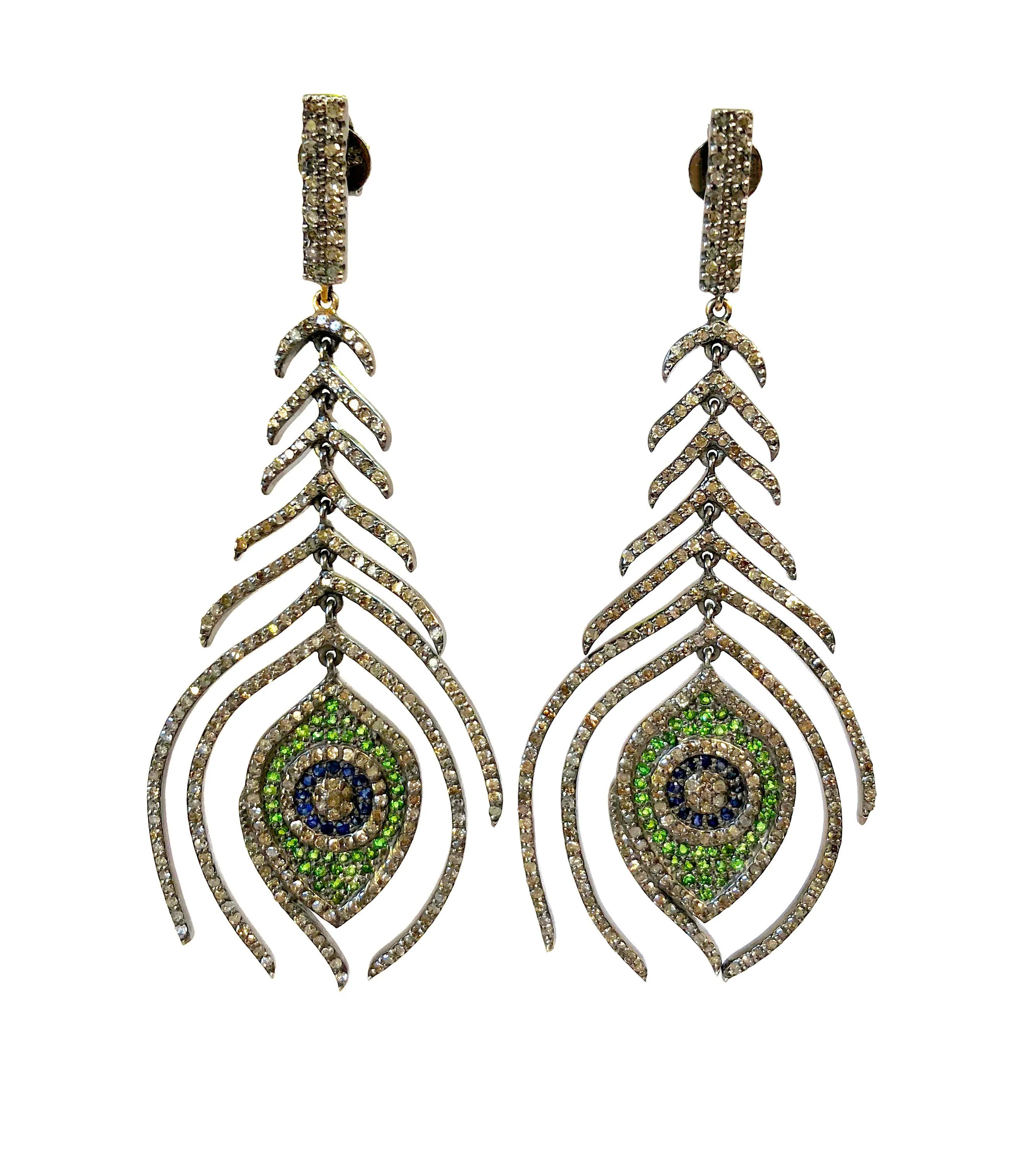 Diamond, Sapphire, and Emerald Peacock Feather Earrings