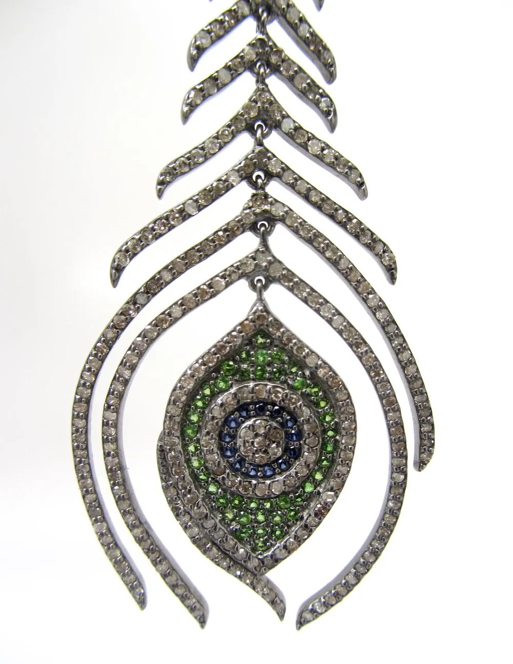 Diamond, Sapphire, and Emerald Peacock Feather Earrings