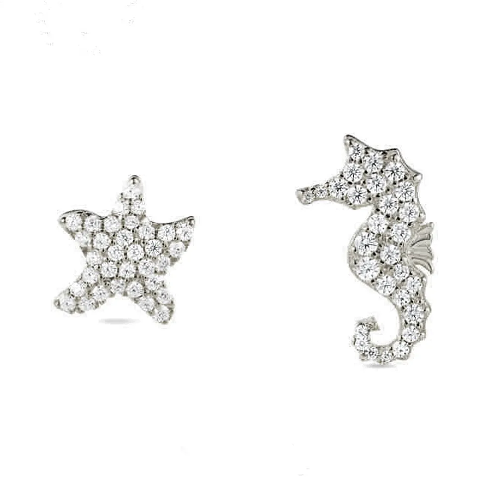 Diamond Seahorse and Starfish Stud Earrings