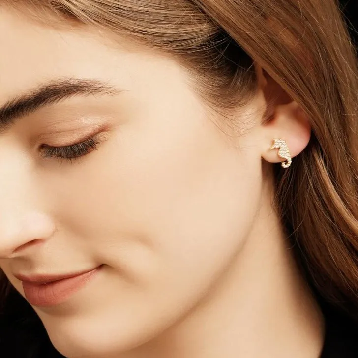 Diamond Seahorse and Starfish Stud Earrings
