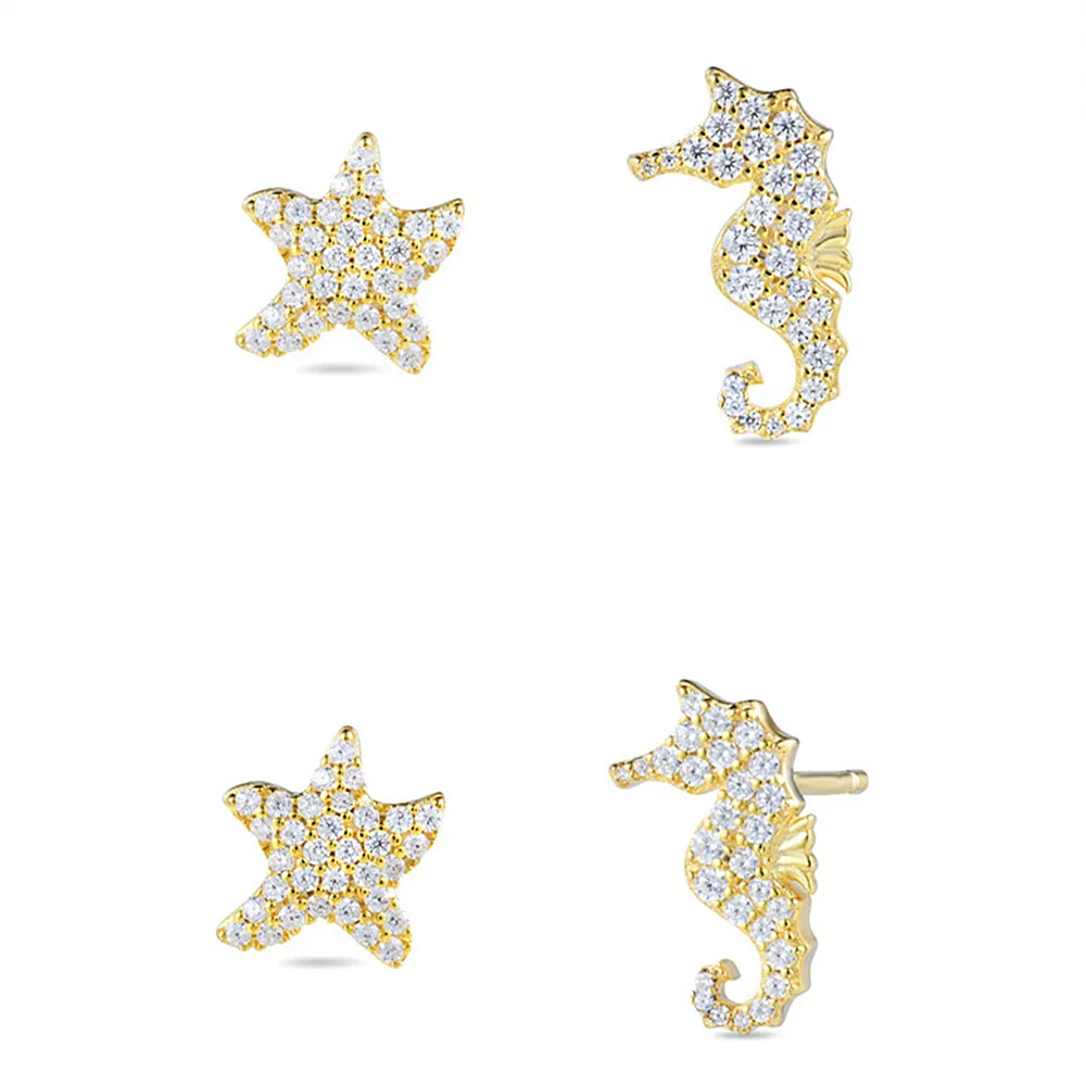 Diamond Seahorse and Starfish Stud Earrings