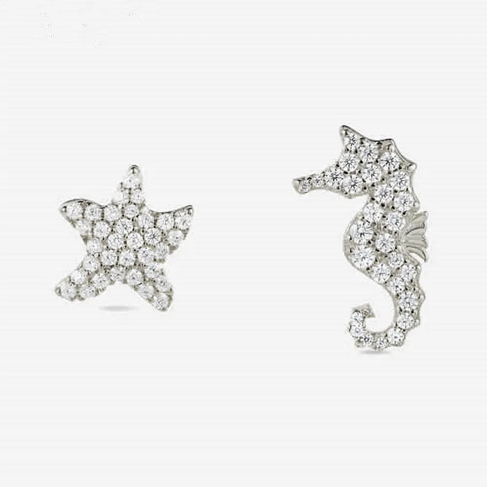 Diamond Seahorse and Starfish Stud Earrings