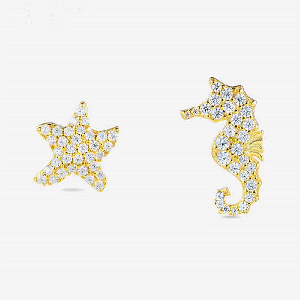 Diamond Seahorse and Starfish Stud Earrings