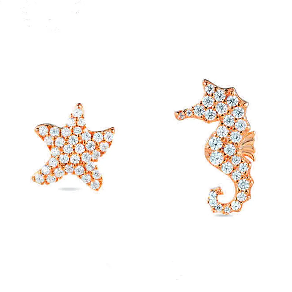 Diamond Seahorse and Starfish Stud Earrings