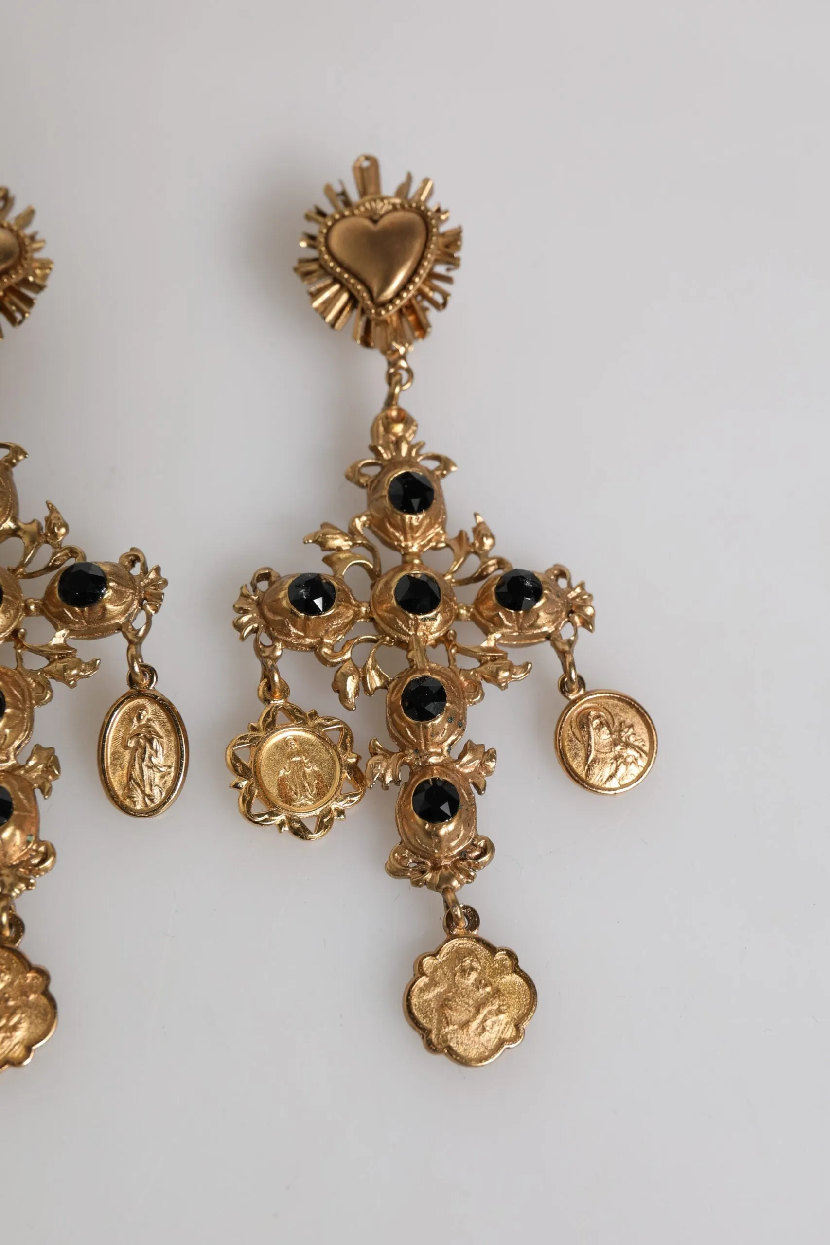 Dolce & Gabbana Gold Black Crystal Cross Sacred Heart Dangling Earrings