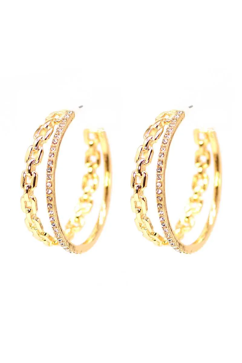 Double Chain And Rhinestone Ring Open Metal Hoop Earring