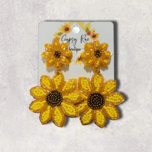 Double Sunflower Hand Beaded Earrings