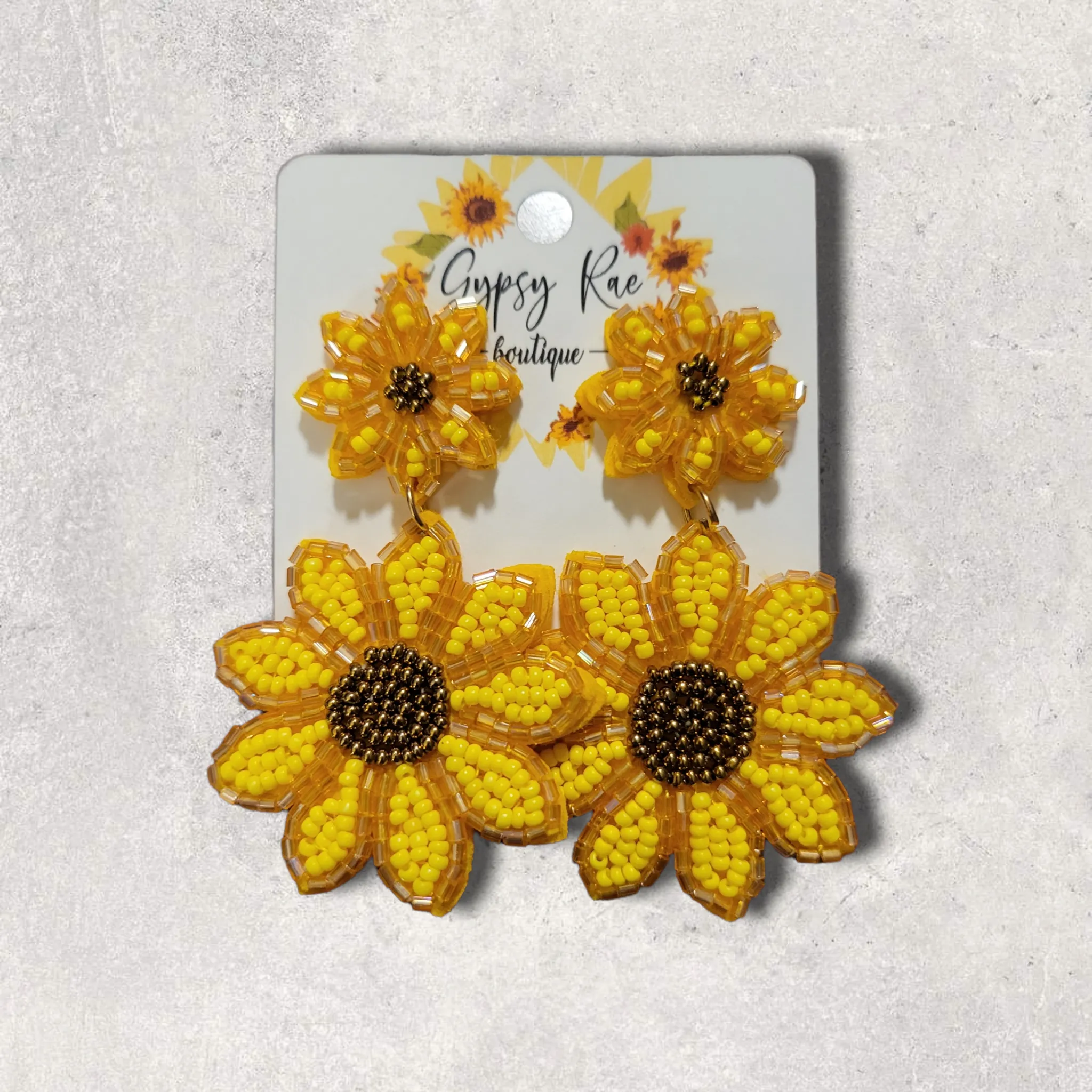 Double Sunflower Hand Beaded Earrings