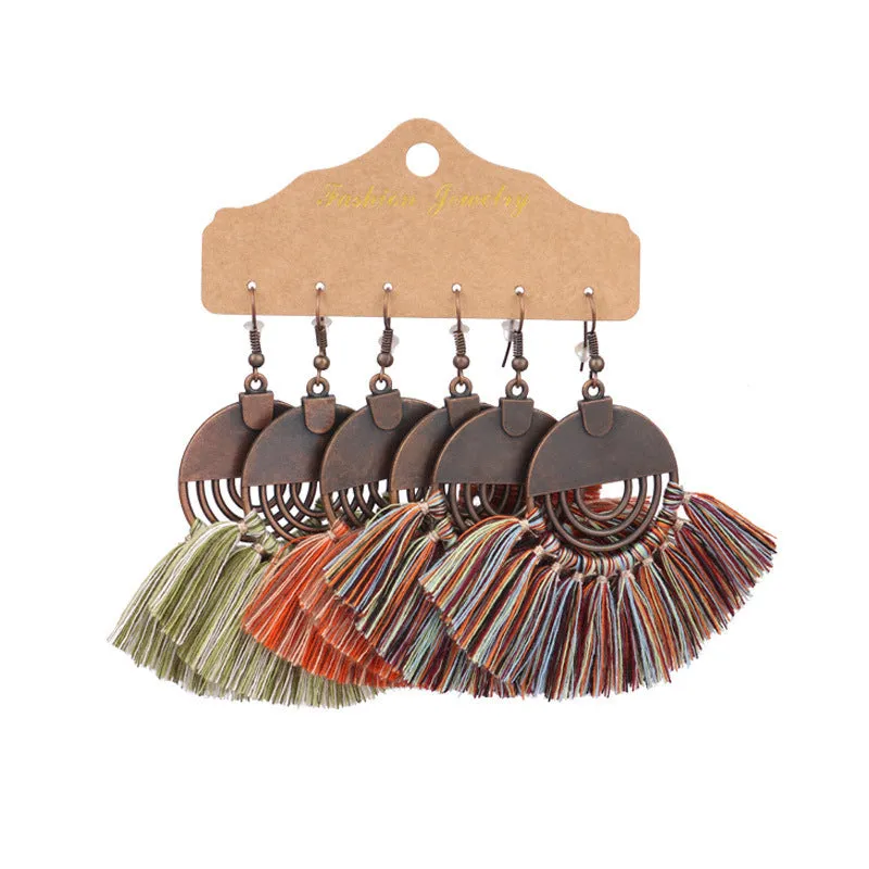 Drop-shaped tassel turquoise feather flower earrings