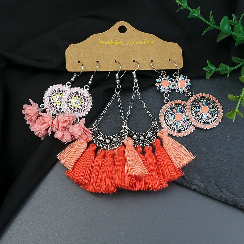 Drop-shaped tassel turquoise feather flower earrings