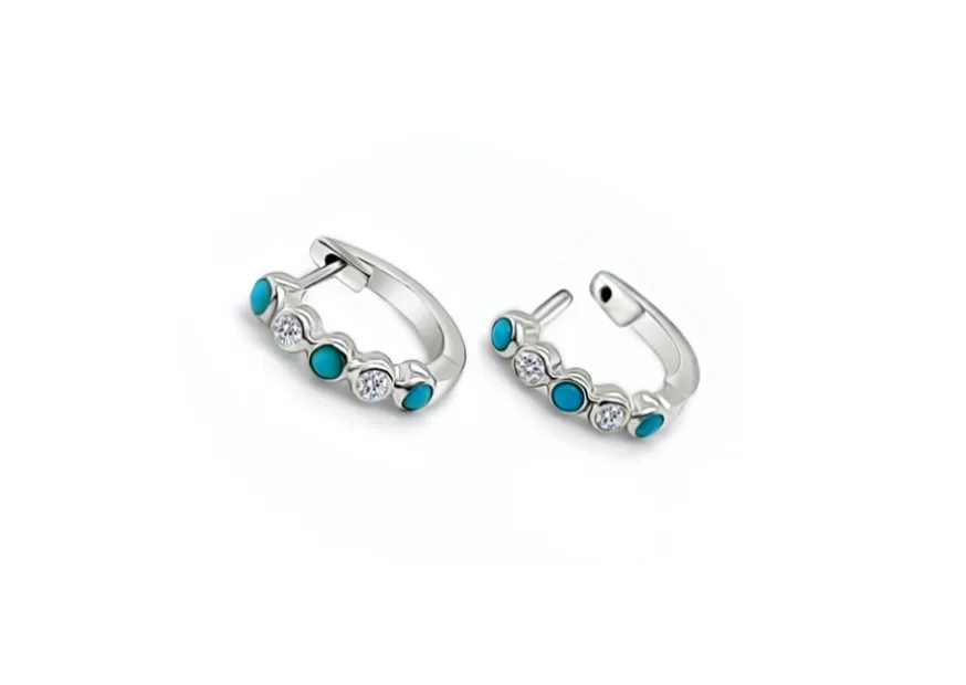 Earrings 14k Gold Mini Hoops with Turquoise and Diamonds