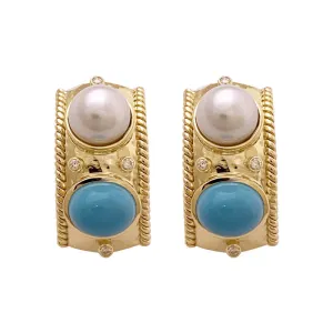 EARRINGS- TURQUOISE , S.S. PEARL AND DIAMOND