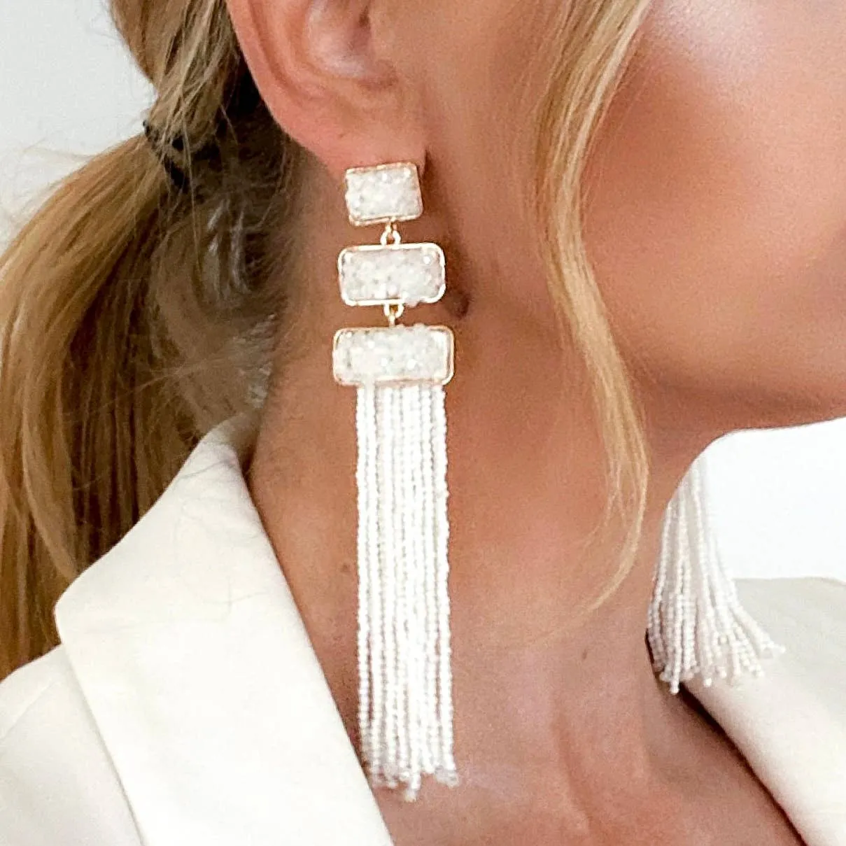 EARRINGS White Beaded Tassel Earrings