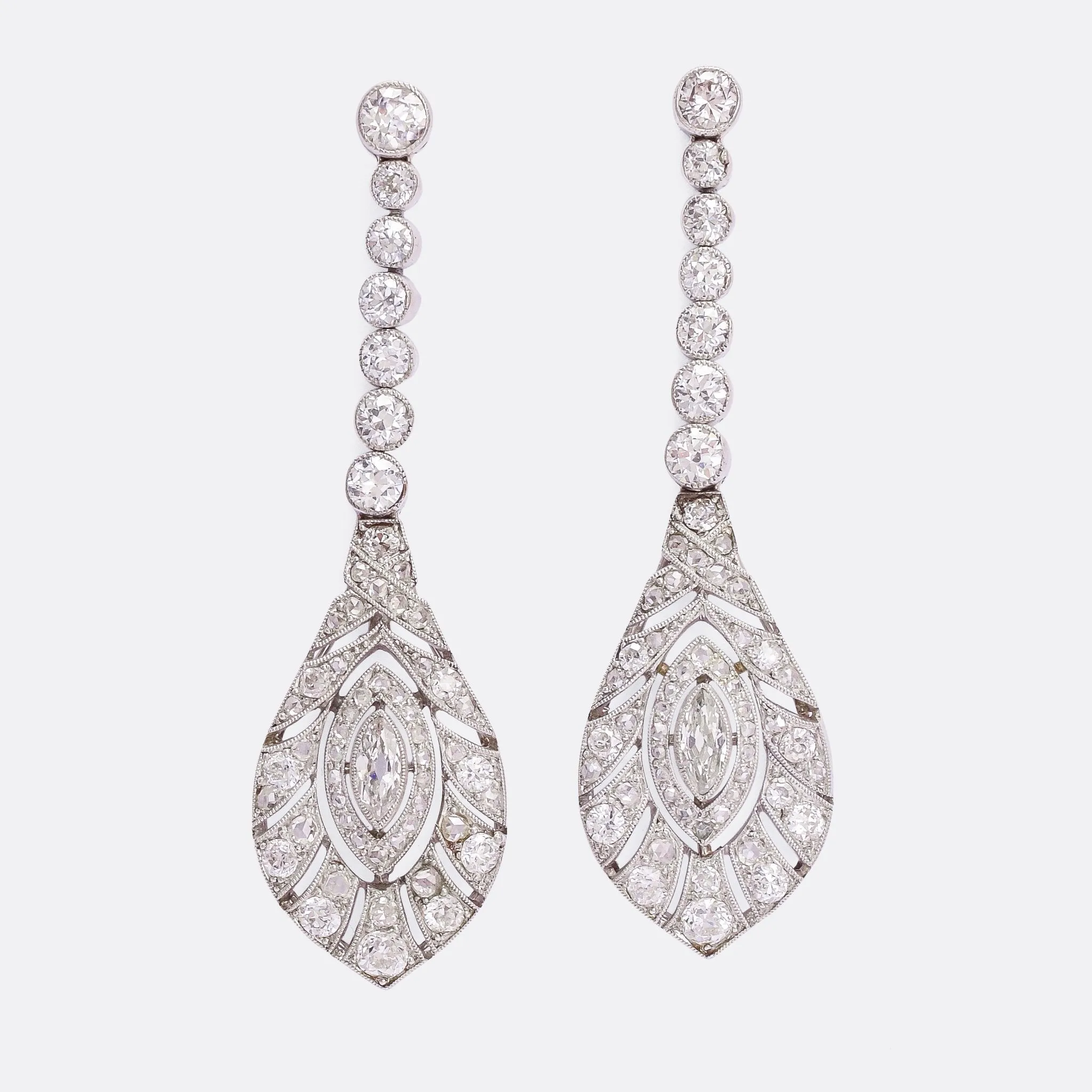 Edwardian "Peacock Feathers" Diamond Drop Earrings