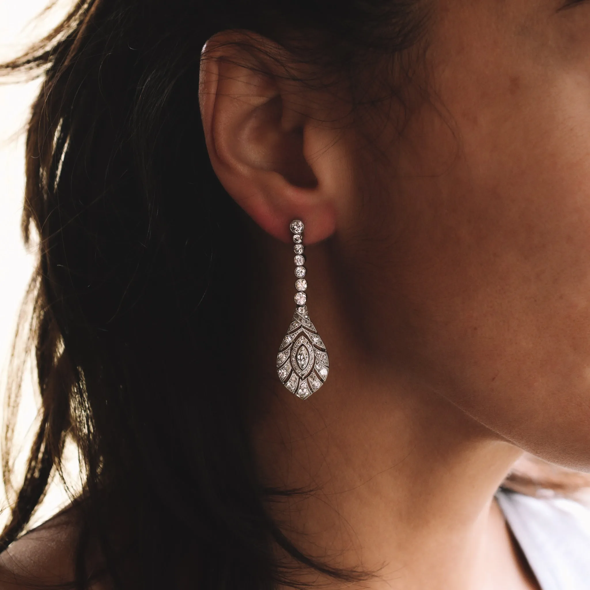Edwardian "Peacock Feathers" Diamond Drop Earrings