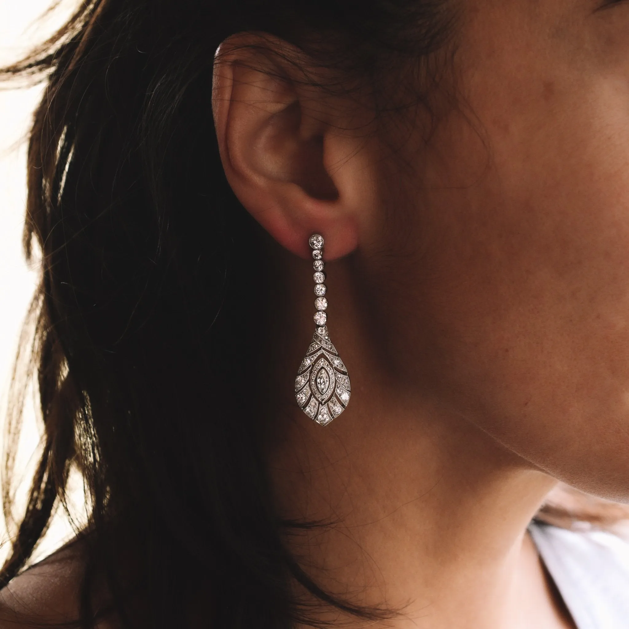 Edwardian "Peacock Feathers" Diamond Drop Earrings