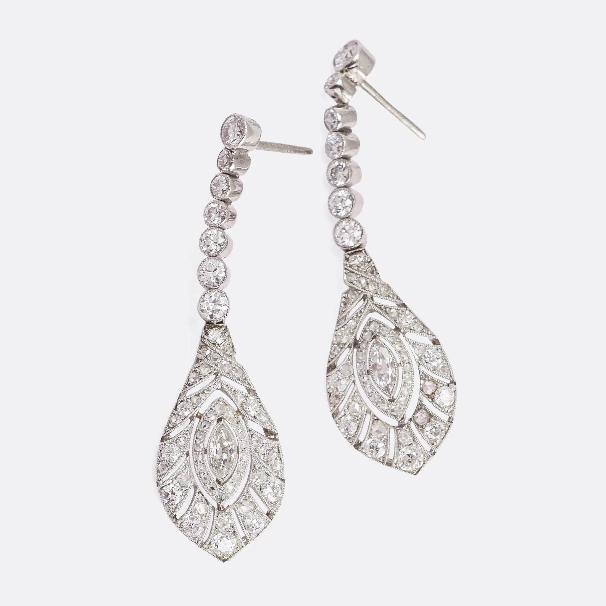 Edwardian "Peacock Feathers" Diamond Drop Earrings