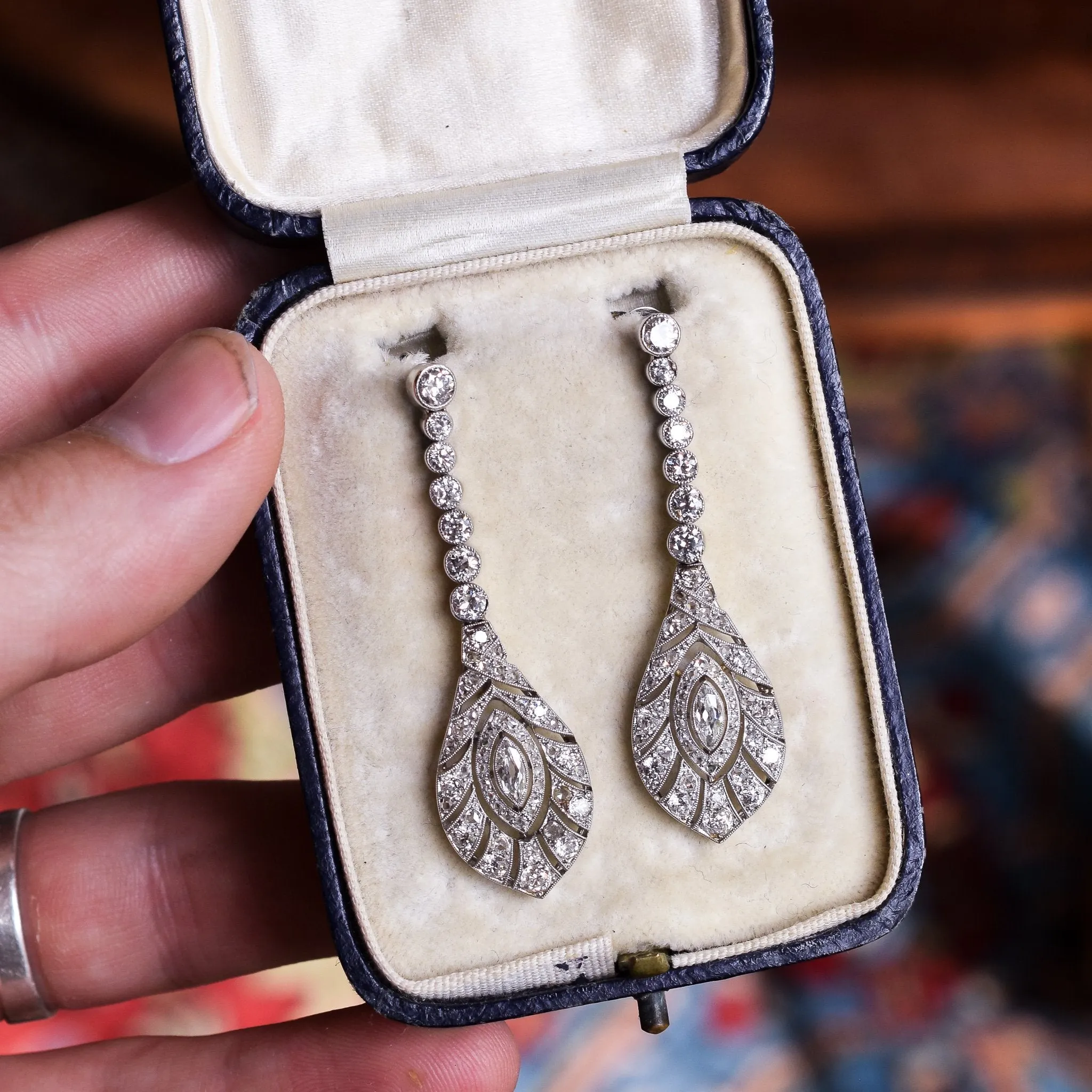 Edwardian "Peacock Feathers" Diamond Drop Earrings