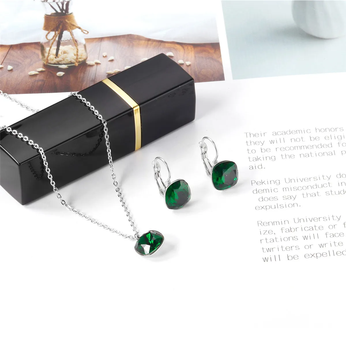 Emerald Crystal & Silver-Plated Square Huggie Earring Set