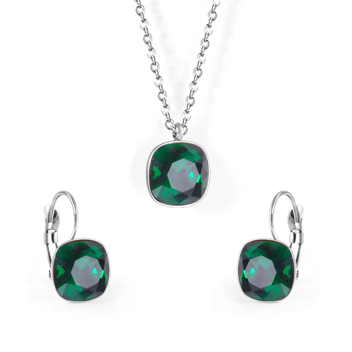 Emerald Crystal & Silver-Plated Square Huggie Earring Set