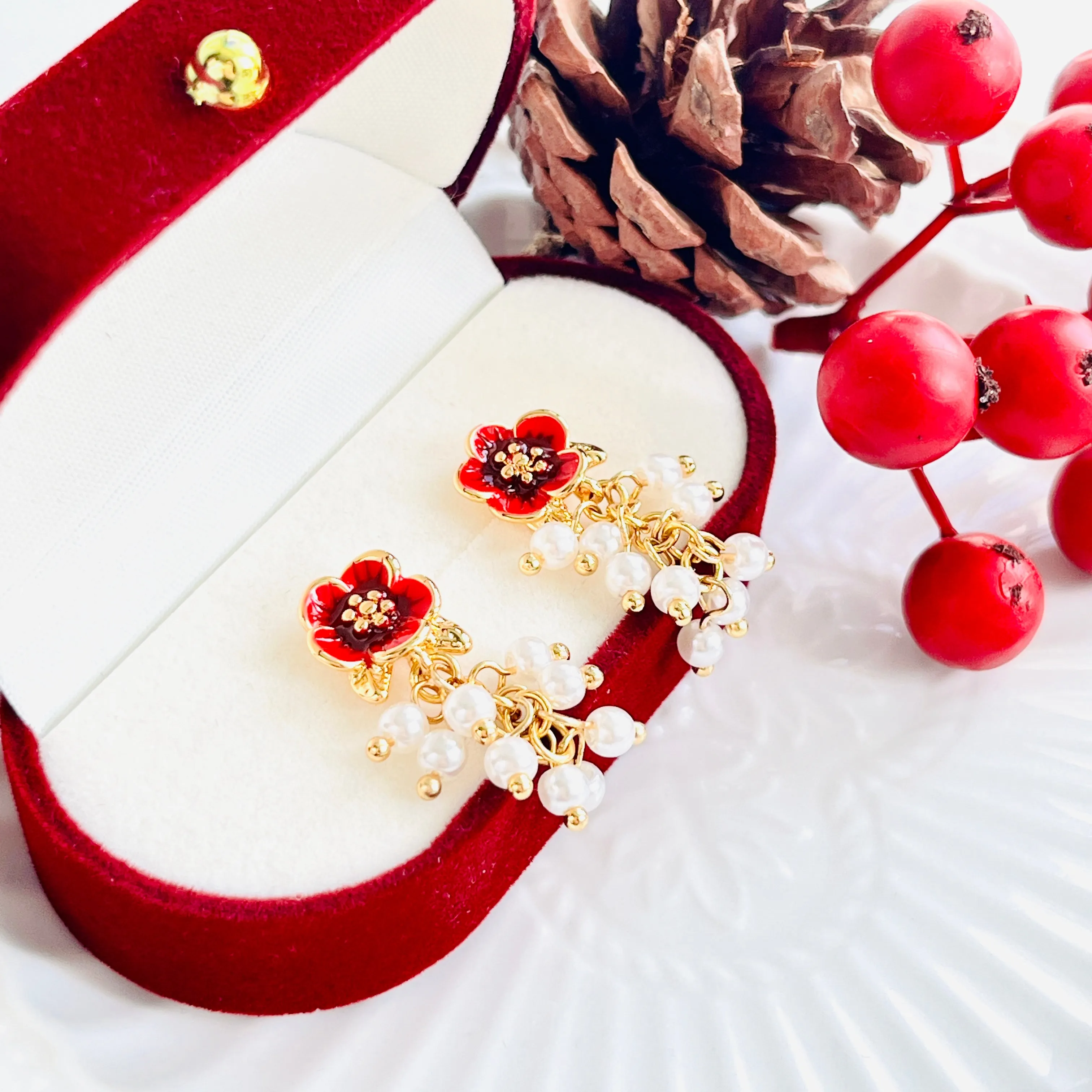 Enamel Red Flower Pearl Tassel Earrings
