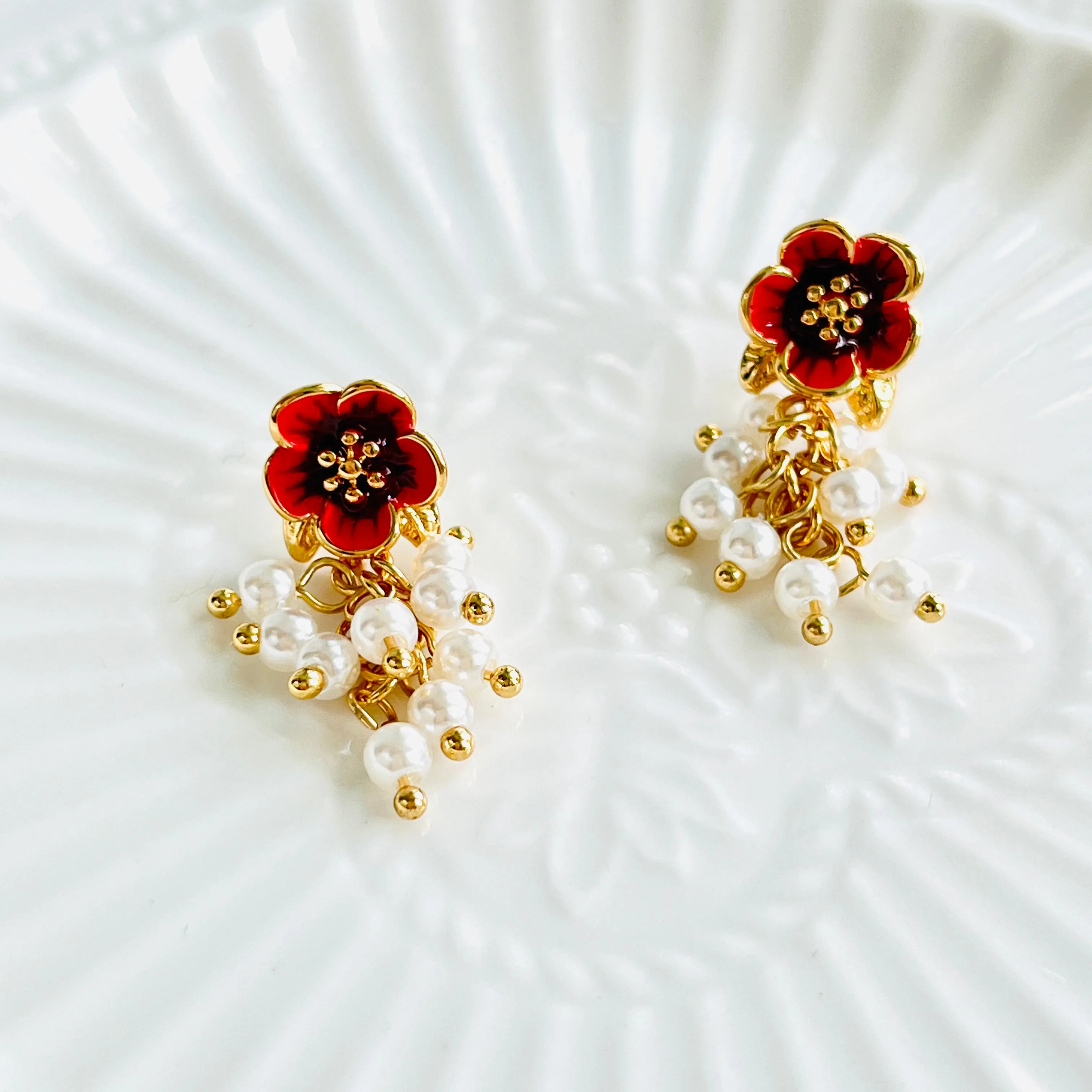 Enamel Red Flower Pearl Tassel Earrings