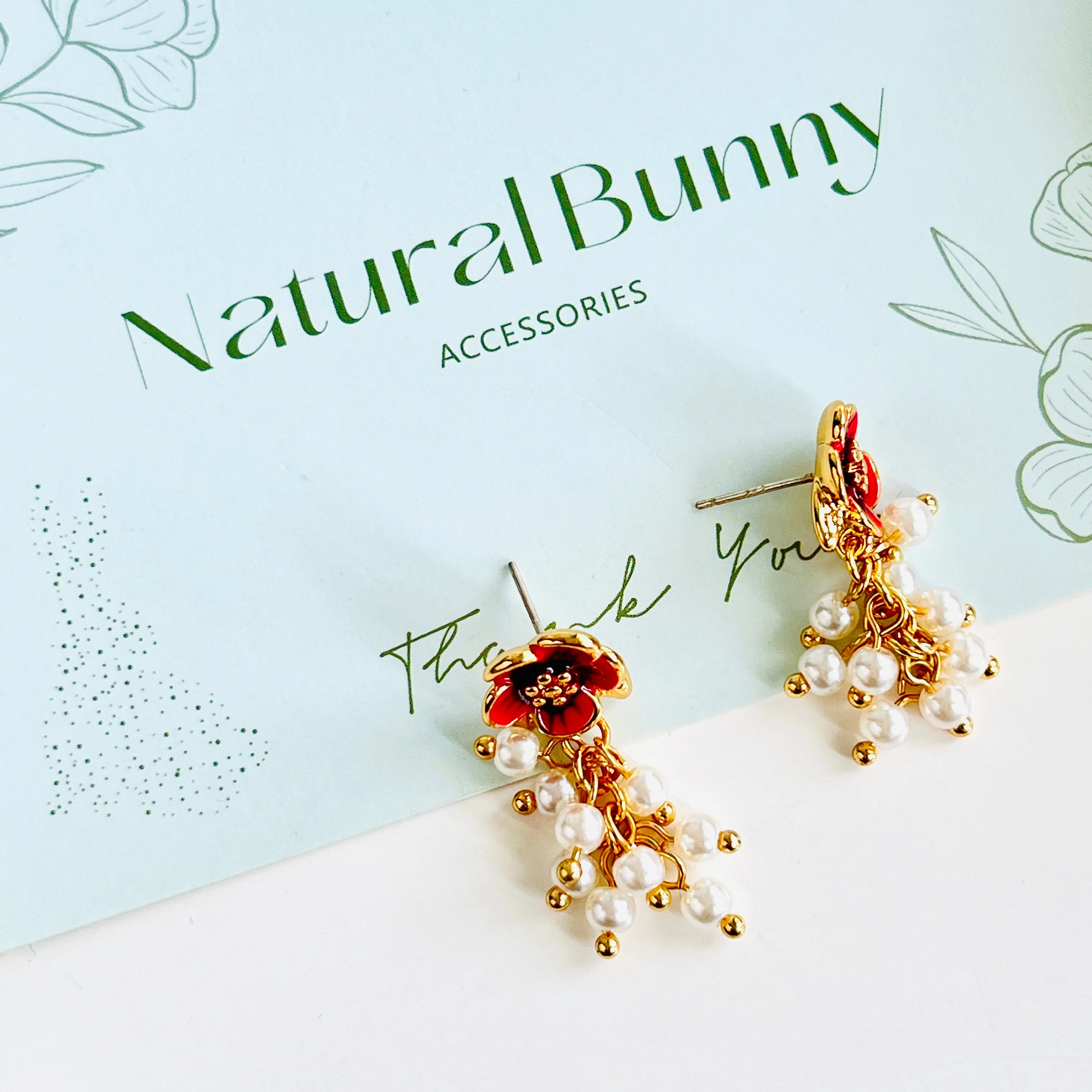 Enamel Red Flower Pearl Tassel Earrings