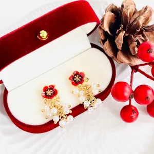 Enamel Red Flower Pearl Tassel Earrings