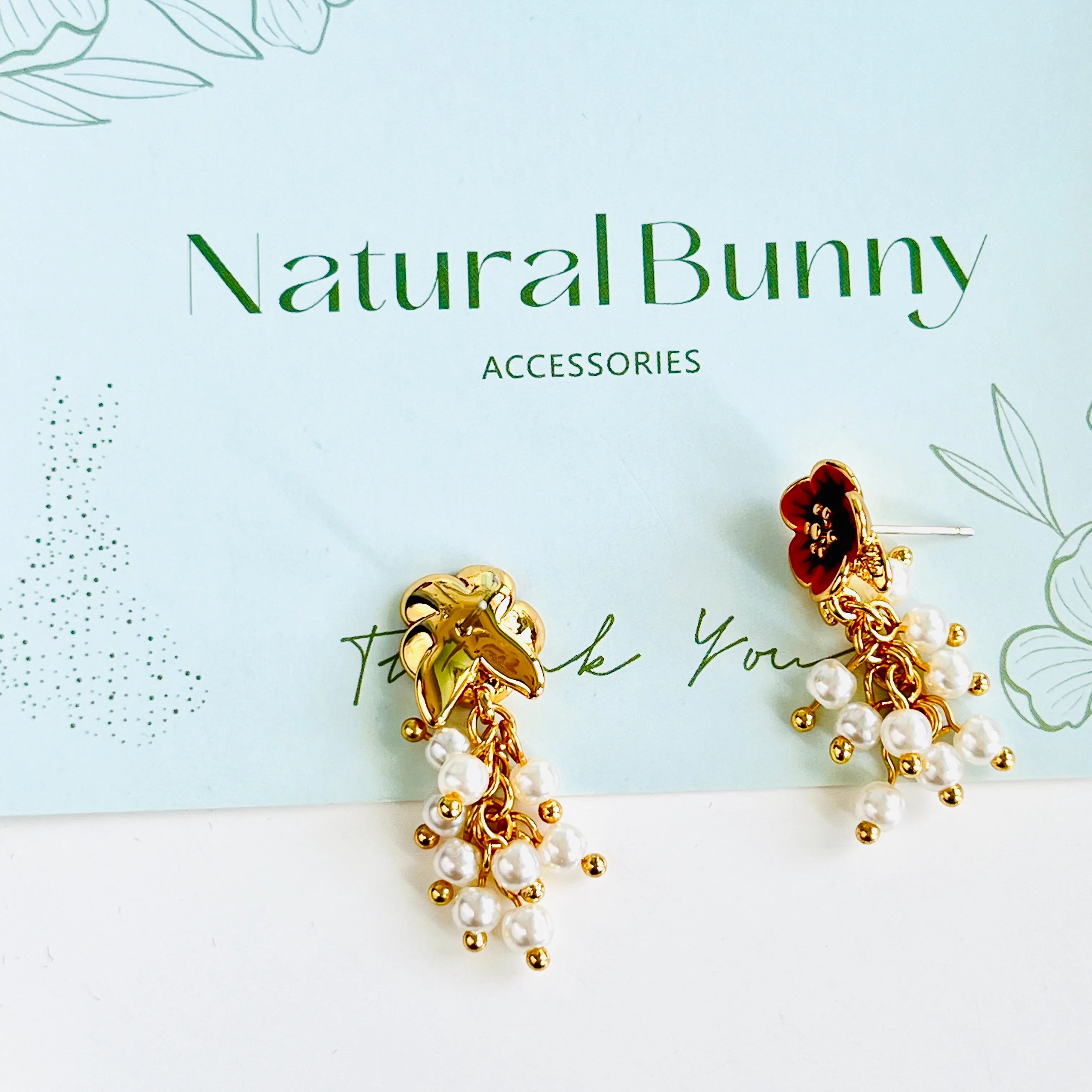 Enamel Red Flower Pearl Tassel Earrings