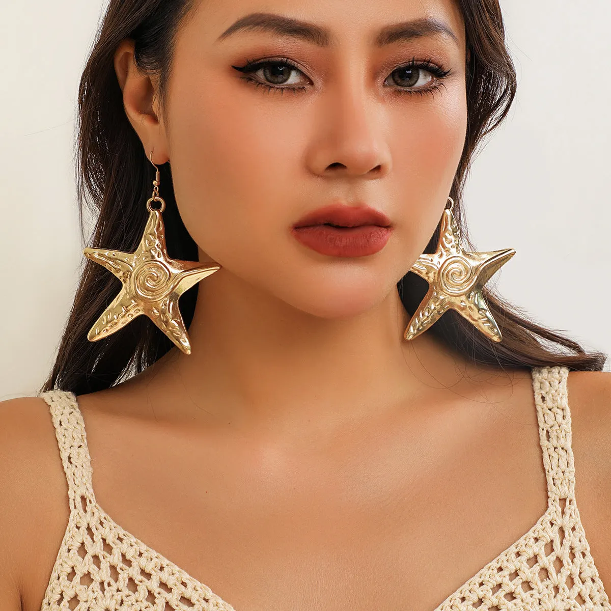 Europe and America Cross Border Ornament Exaggerated Big Starfish Design Metal Stud Earrings Ocean Style Fashion Star Beach Earrings