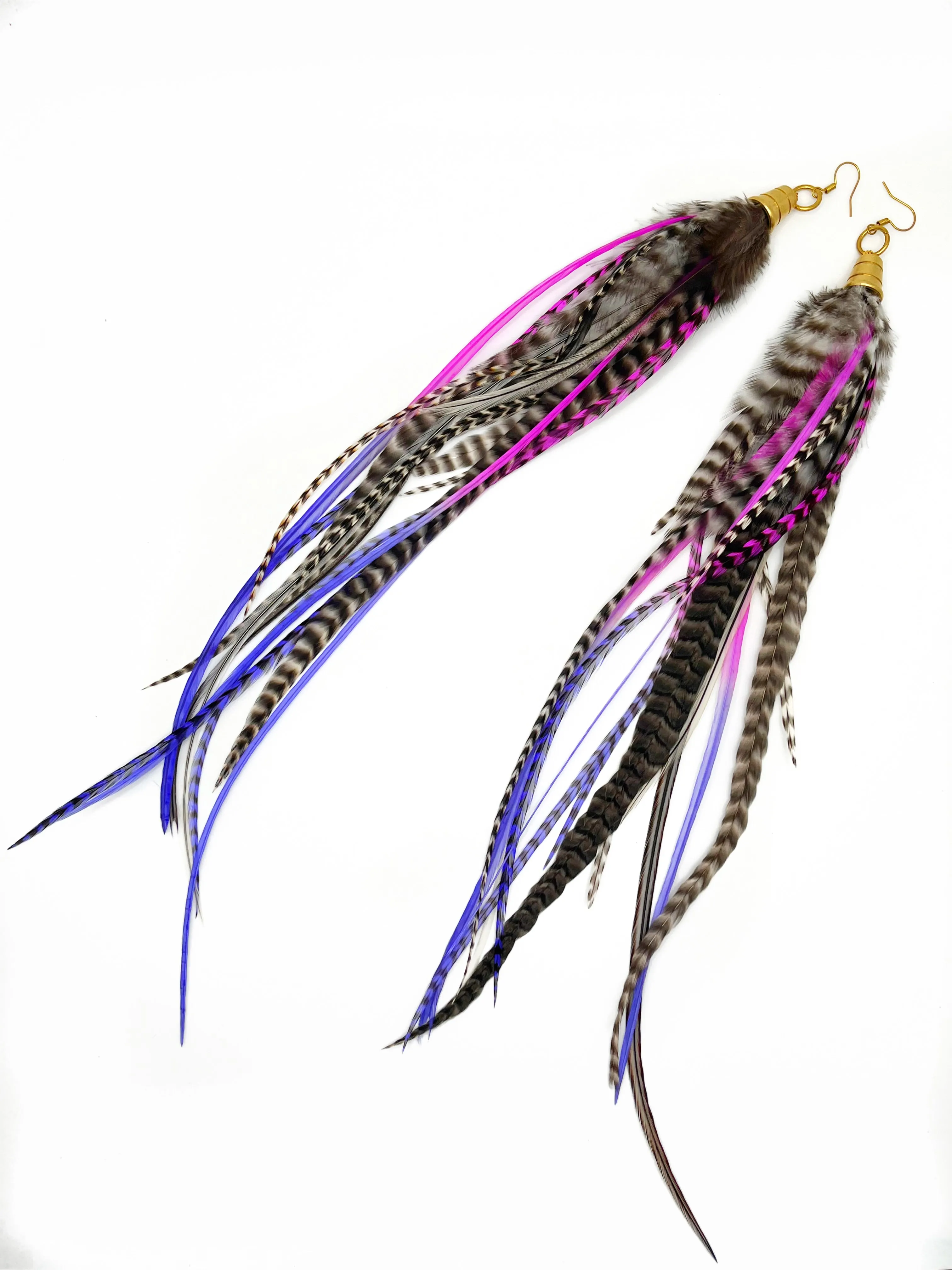 Extra Long Feather Earrings with Neon Pink & Purple Accents